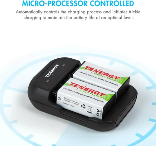 Miniatura 8 de Tenergy TN141 Cargador inteligente de 2 bahías 9V con paquete de 2 baterías recargables de baja autodescarga 9V NiMH Centura
