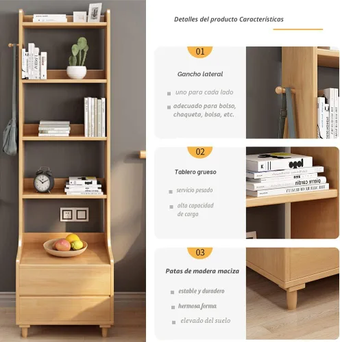 Miniatura 5 de IOTXY Mesa de Noche Gris con Estantería - 71" de Alto, Librero de Madera Independiente con Estantes Abiertos, Cajones y 4 Estantes para Dormitorio