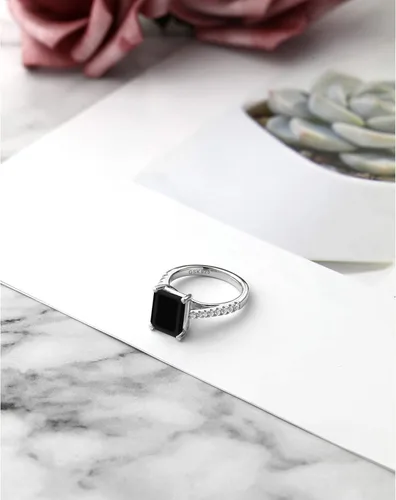 Miniatura 4 de Gem Stone King Anillo de compromiso de plata de ley 925 con ónix negro y zafiro blanco para mujer piedra natal de 339 quilates corte esmeralda