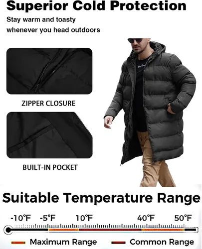Miniatura 4 de Runcati Abrigo acolchado con capucha para hombre, chaqueta larga y cálida de invierno, gruesa y acolchada con capucha