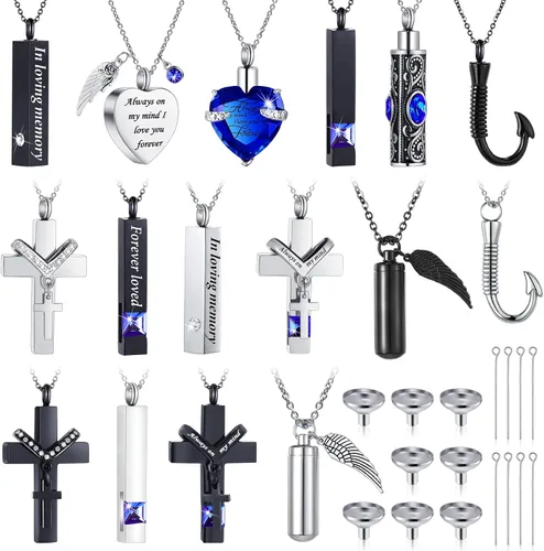 16 piezas de collar de urna para cenizas, medallón de cenizas talladas de acero inoxidable impermeable con 8 kit de relleno, cilindro de corazón,