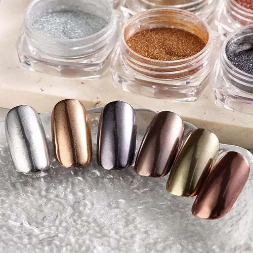Miniatura 5 de 6 cajas de polvo de uñas cromado, efecto espejo metálico para uñas, holográfico, dorado, bronce, cromado, plateado, negro, marrón, purpurina