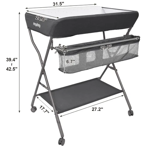 Miniatura 3 de Mesa de Cambiar para Bebé con Ruedas, Maydolly Estación de Pañales Portátil Ajustable en Altura Plegable con Organizador de Guardería y Estante