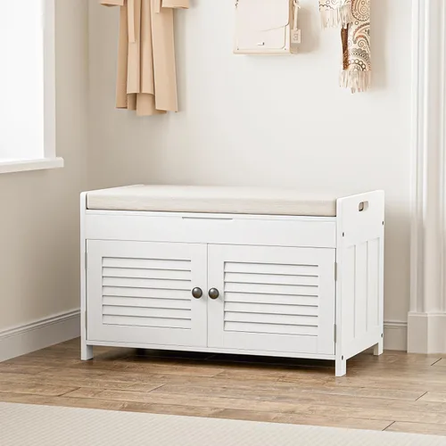 Miniatura 12 de WARMHONIU Banco de Almacenamiento para Zapatos con Tapa Levantable, Banco de Entrada con Asiento Acolchado, Estante Ajustable, Zapatero de 2 Niveles