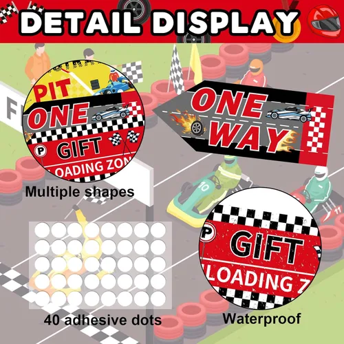 Miniatura 8 de Hooqict 20 piezas de decoración de fiesta de coche de carreras, letreros direccionales para fiestas de coches de carreras, suministros de fiesta