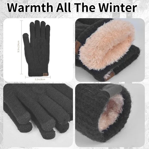 Miniatura 4 de Conjunto de gorro de invierno para mujer, gorro clásico con pompón extraíble, bufanda larga, guantes para pantalla táctil, juego 3 en 1