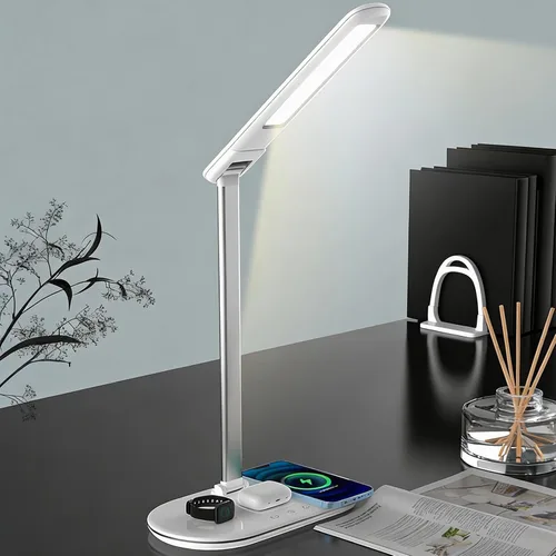 Lámpara de escritorio de carga inalámbrica 3 en 1, cargador rápido Qi de 15 W para teléfono/reloj/auriculares, luz LED ajustable con 3 colores y