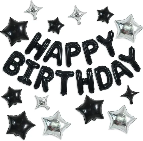 Miniatura 29 de TONIFUL Pancarta de Globos Negros de Feliz Cumpleaños de 16 Pulgadas con Letras de Papel de Aluminio Mylar, Cartel Banderín Reutilizable