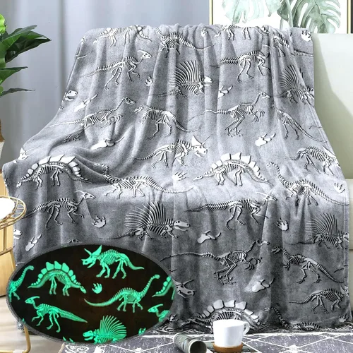 Miniatura 10 de Manta de dinosaurio que brilla en la oscuridad, manta de dinosaurio para niños, franela suave, regalos para amantes de los dinosaurios, mantas