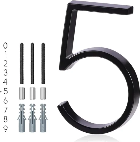 Números de casa de 5 pulgadas para exterior, dirección de metal número 5, diseño moderno, acabado con recubrimiento en polvo negro resistente a la