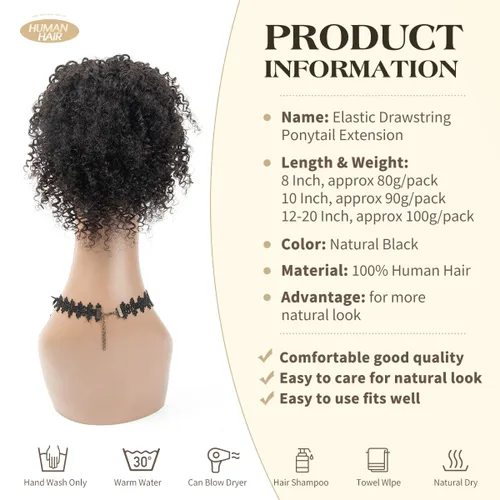 Miniatura 2 de Cola de caballo de cabello humano con cordón para mujeres negras, extensión de cabello humano rizado 4C, 8 pulgadas, aspecto natural, añade volumen