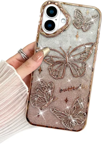 Miniatura 17 de BITOBE Diseñada para iPhone 15 Pro Max, bonita funda de mariposa 3D chapada en purpurina delgada para mujeres y niñas, protección de cámara, Negro