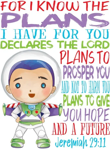 Miniatura 6 de Toy Story - Juego de 4 impresiones de acuarela cristiana sin marco, Woody, Buzz Lightyear, Mr. Potato Head y Alien con versos de la Biblia