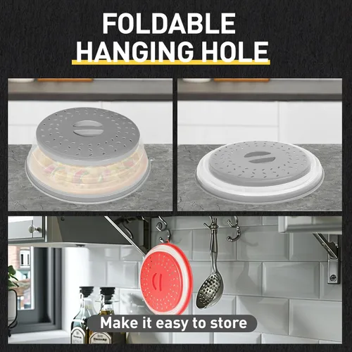 Miniatura 4 de CasaCulina Paquete de 2 cubiertas plegables para salpicaduras de microondas, tapa de microondas ventilada con agujero de gancho, protector