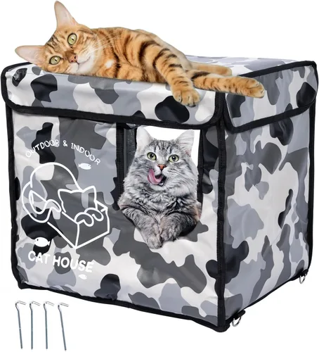 Casa indestructible para gatos al aire libre con puerta de escape de dos caras, aislada y 100% impermeable, exterior resistente a la intemperie