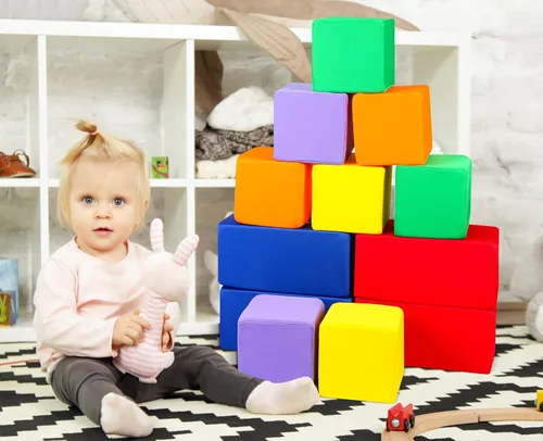Miniatura 6 de Bloques de espuma para niños pequeños, 12 piezas de tela cubierta en 2 tamaños, juegos de bloques apilables, colorido juego suave para niños, idea