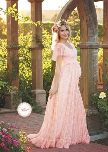 Miniatura 2 de ZIUMUDY Vestido largo de manga corta con encaje de maternidad para baby shower