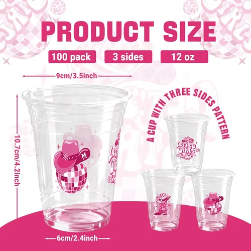 Miniatura 2 de 100 Piezas Vasos de Plástico Rosa Fiesta Vaquera Occidental 12 OZ Vasos Desechables Disco, Diseños de Sombrero Vaquero, Bota y Bola Disco