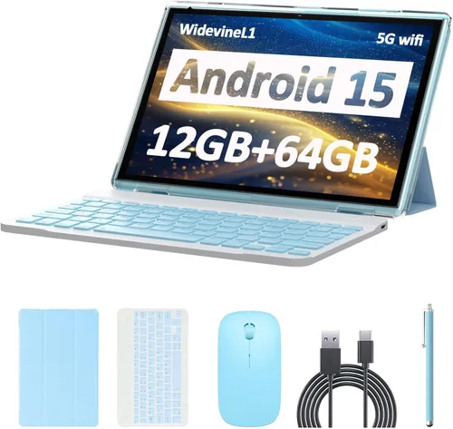 Tablet Android 15, 10 pulgadas 12 GB RAM+64 GB ROM/1 TB (máx.), tabletas 2 en 1 con funda de teclado y mouse Stylus, procesador de cuatro núcleos de
