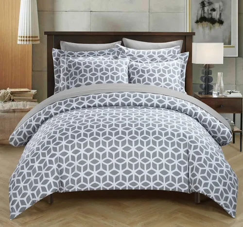 Miniatura 9 de Set de funda de edredón Chic Home Elizabeth de 3 piezas, reversible, con estampado geométrico de diamantes impreso, con cierre, incluye fundas