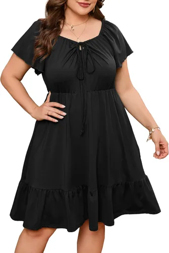 ShopWonder Vestidos hawaianos de talla grande para mujer, vestido de cuello cuadrado, manga corta, casual, acampanado, vestido de verano