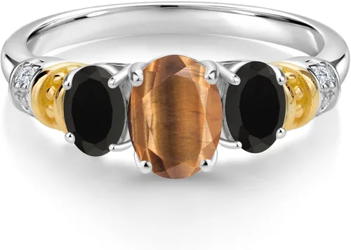 Miniatura 2 de Gem Stone King Anillo de plata 925 con ojo de tigre marrón ovalado de 2.08 quilates y oro amarillo de 10 quilates