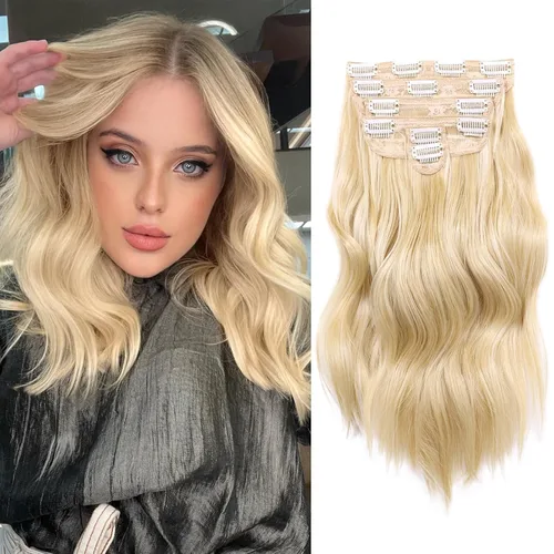 Miniatura 28 de NAYOO Extensiones de cabello con clip, de 20 pulgadas, largo, ondulado, rizado, rubio ceniza, extensiones de cabello sintético de cabeza completa