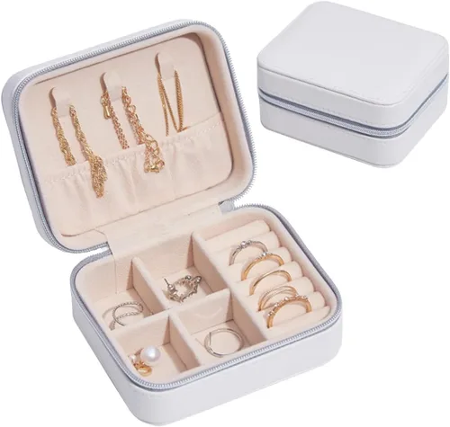 NuAngela Joyero pequeño organizador de bolsas de joyería de viaje de piel sintética, soporte portátil para mujeres, collares, aretes, anillos,