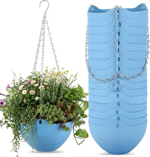 Miniatura 10 de Zopeal Paquete de 16 macetas colgantes de riego automático de 8 pulgadas, contenedor con escurridor y cadena, cesta redonda para plantas