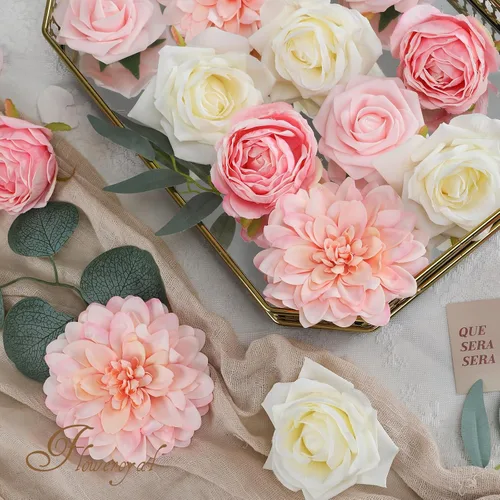 Miniatura 7 de Floweroyal Flores Artificiales Rosadas Flores de Rosa Falsas Dalia con Tallos para Ramos de Novia de Boda DIY, Baby Shower, Arreglo Floral, Centros