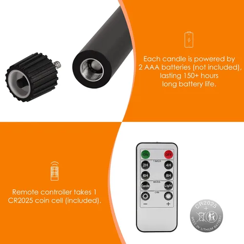Miniatura 3 de Eywamage Velas cónicas sin llama de cera negra con control remoto, velas LED parpadeantes de cera que funcionan con pilas, juego de 6