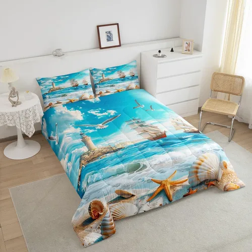 Miniatura 6 de Castle Fairy Juego de edredón de verano para niños, tamaño individual, diseño náutico reversible con diseño náutico de estrellas de mar, barco y Azul