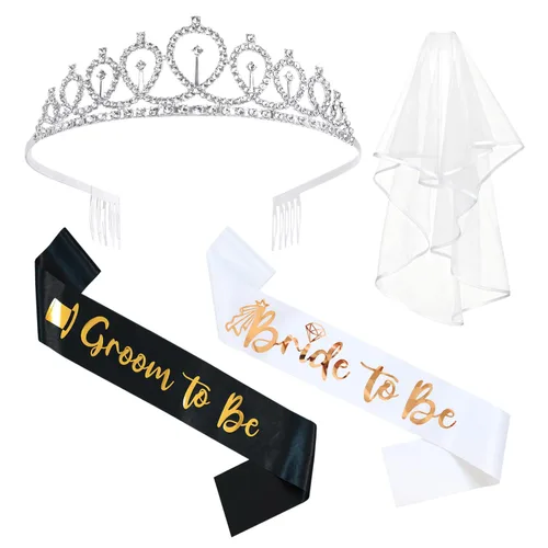 4 piezas de decoraciones de despedida de soltera para novia y novio, tiara/velo de corona, accesorios de fiesta de compromiso, regalos de despedida