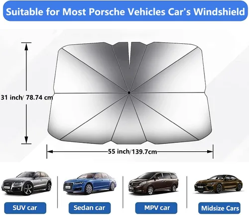 Miniatura 6 de Parasol a medida para el parabrisas de Porsche, parasol para automóvil con bloqueo UV y mango flexible de rotación de 360°, diseñado para accesorios