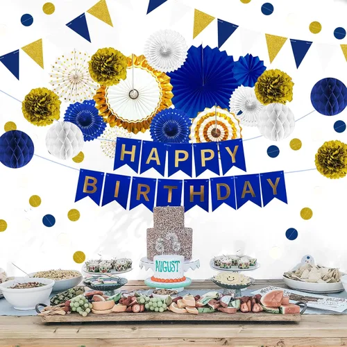 Miniatura 8 de Decoración de fiesta de feliz cumpleaños azul marino y dorado, 24 abanicos de papel colgantes, guirnalda de flores con pompones, guirnalda