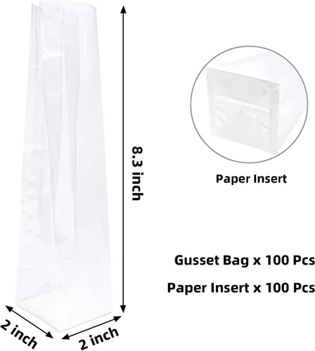 Miniatura 2 de Yotelab Bolsas de Celofán de Fondo Plano, 2 x 2 x 8.3 Pulgadas Bolsas de Celofán con Fuelle con Inserto de Papel, 100 Piezas