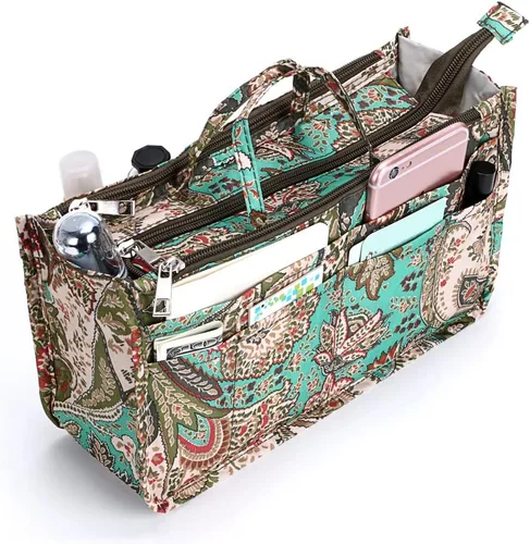 Miniatura 5 de BTSKY Organizador de bolso de mano de impresión dentro del bolso, alta capacidad, 13 bolsillos, organizador con asa, flor de pavo real