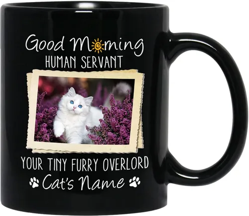 Miniatura 12 de Taza de cerámica negra personalizada para elegir nombre y foto con texto en inglés "Best Cat Dad Ever Just Ask", taza de café personalizada de 11