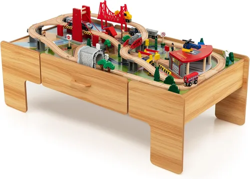 Miniatura 13 de Costzon Mesa de tren, 80 piezas, mesa de actividades de madera para niños con mesa reversible y desmontable, pistas de madera maciza, tren