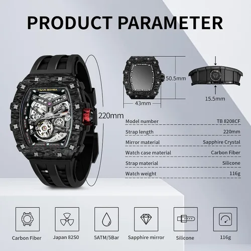 Miniatura 5 de TSAR BOMBA Reloj para hombre, reloj automático impermeable de 164.0 ft, esqueleto mecánico Tonneau con esfera de cara grande, reloj negro