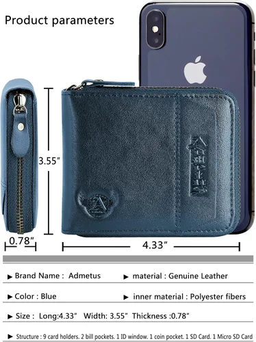 Miniatura 59 de Admetus - Cartera de piel auténtica para hombre con cremallera, plegable