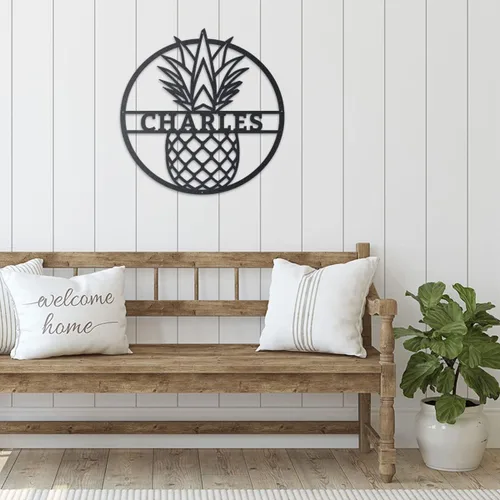 Miniatura 7 de RealSteel Arte de pared personalizado de metal de piña, letrero de nombre familiar con monograma tropical personalizado Decoración de casa