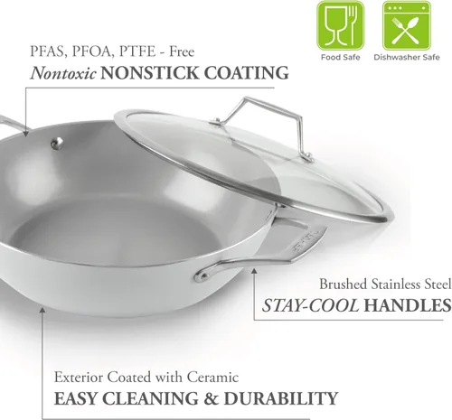 Miniatura 6 de TECHEF - CeraTerra, sartén de cerámica antiadherente multiusos de 5 cuartos / 12 pulgadas con tapa, exterior e interior de cerámica libre de PTFE