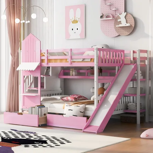 Miniatura 48 de Litera de casa individual sobre cama individual con tobogán convertible y nido, litera de madera maciza con techo y ventana para niños, verde-blanco
