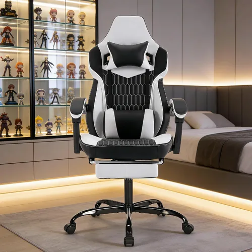 Miniatura 4 de Silla gamer, silla de computadora para juegos con reposacabezas ajustable, soporte lumbar ergonómico, asiento giratorio para salas de estar, Negro