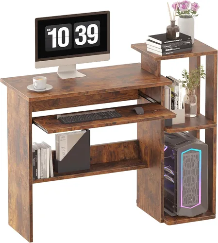 Miniatura 13 de ALISENED Escritorio pequeño de 76 cm para computadora con bandeja para teclado y soporte para monitor, escritorio de estudio y escritura