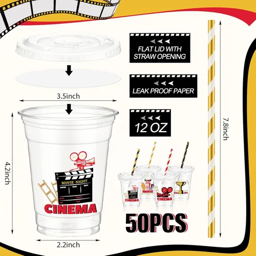 Miniatura 3 de FoldTier 50 piezas de tazas para noche de cine 12 oz Tazas de plástico desechables con pajitas y tapas, tazas transparentes para cine, tazas