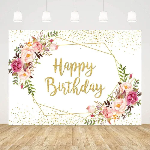 Telón de fondo de feliz cumpleaños de 7 x 5 pies para mujer, corona de fondo, decoración de fiesta para niña, anillo dorado, flores coloridas,