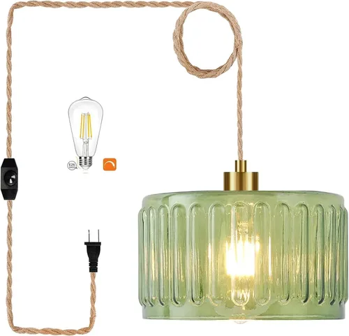 Miniatura 14 de Lámpara colgante de ratán para enchufar, con cable de enchufe, lámpara colgante de bambú regulable, tejida a mano estilo bohemio, pantalla