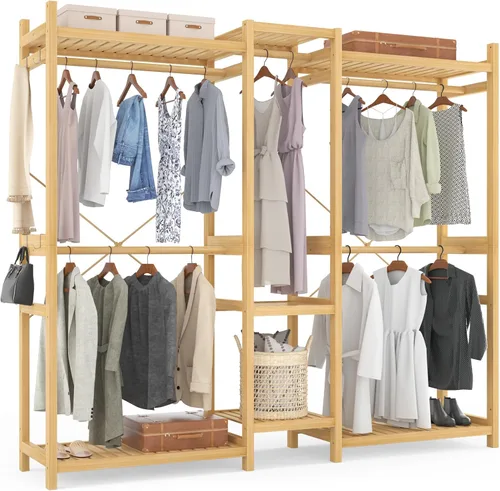 Miniatura 13 de Homykic Perchero de bambú para colgar ropa, perchero resistente con estantes ajustables de 7 niveles, varillas dobles, 4 ganchos, sistema de armario